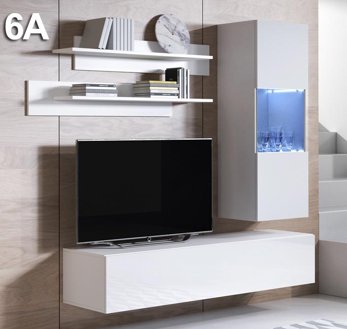 Conjunto de Sala Azeitão – 1,6 m – Modular em Branco com Móvel TV, Vitrine e Estantes – Design Moderno