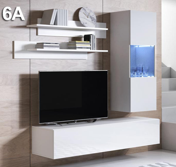 Conjunto de Sala Azeitão – 1,6 m – Modular em Branco com Móvel TV, Vitrine e Estantes – Design Moderno