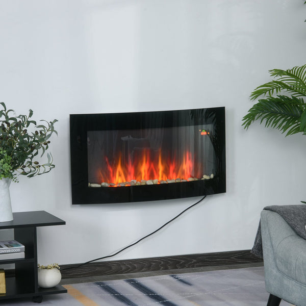 Lareira Elétrica de Parede Lareira Elétrica com Potência 900/1800W Controlo Remoto Efeito de Chama Realista em 7 Cores 65x11,4x52cm Preto