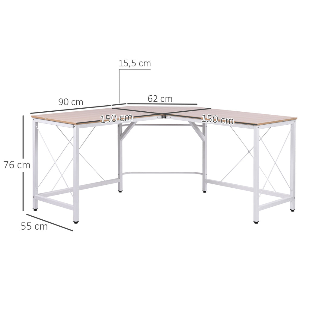 Secretária em Forma de L Secretária para Escritório com Estrutura de Metal Carga 70 kg Secretária de Canto para Escritório Estúdio 150x150x76 cm Madeira e Branco