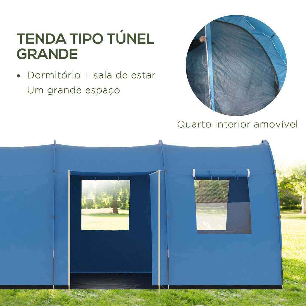 Tenda de Campismo Familiar Tenda De Campismo para 5-6 Pessoas Impermeável PU2000 mm com Portas Janelas e Bolsa de Transporte 475x315x215 cm Azul