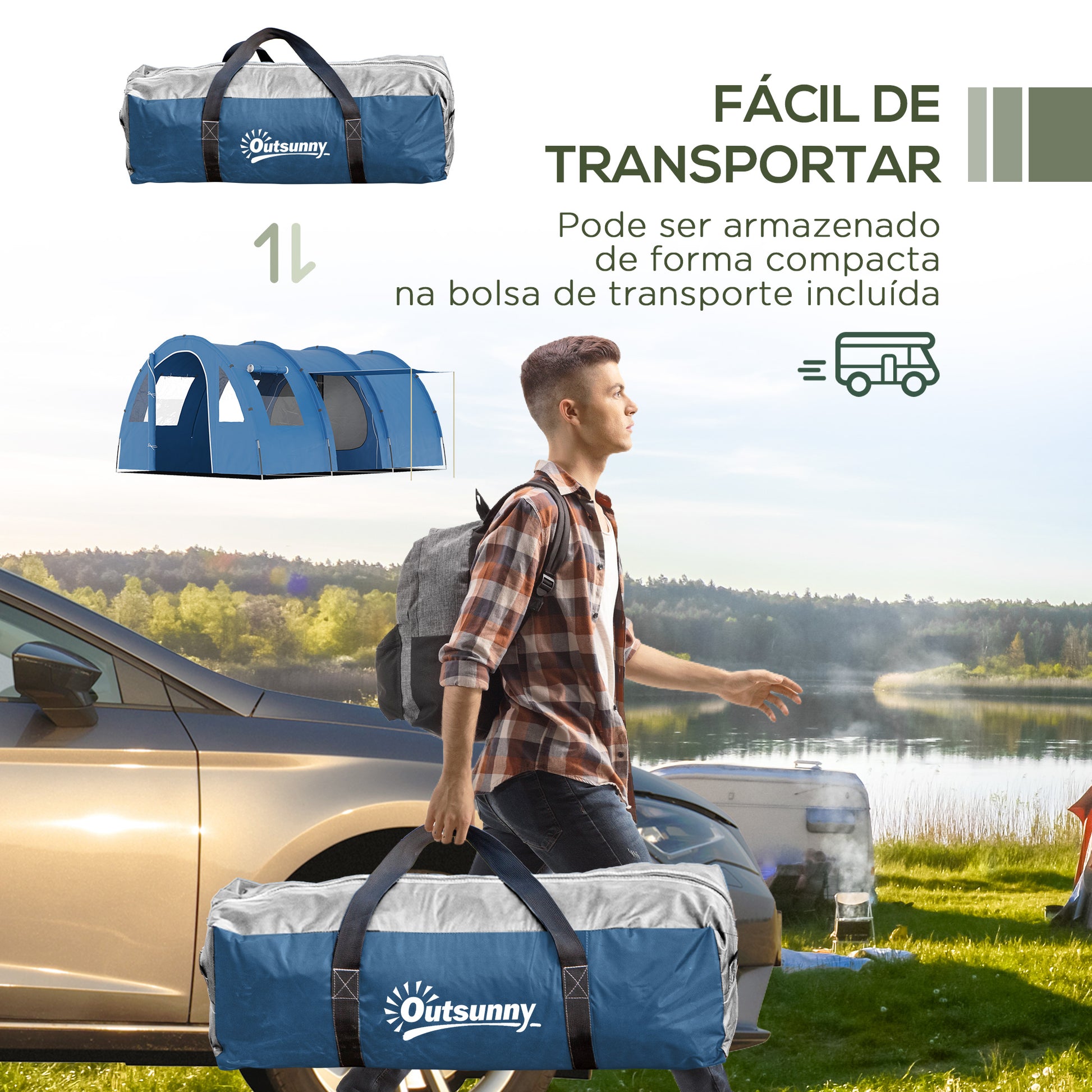 Tenda de Campismo Familiar Tenda De Campismo para 5-6 Pessoas Impermeável PU2000 mm com Portas Janelas e Bolsa de Transporte 475x315x215 cm Azul
