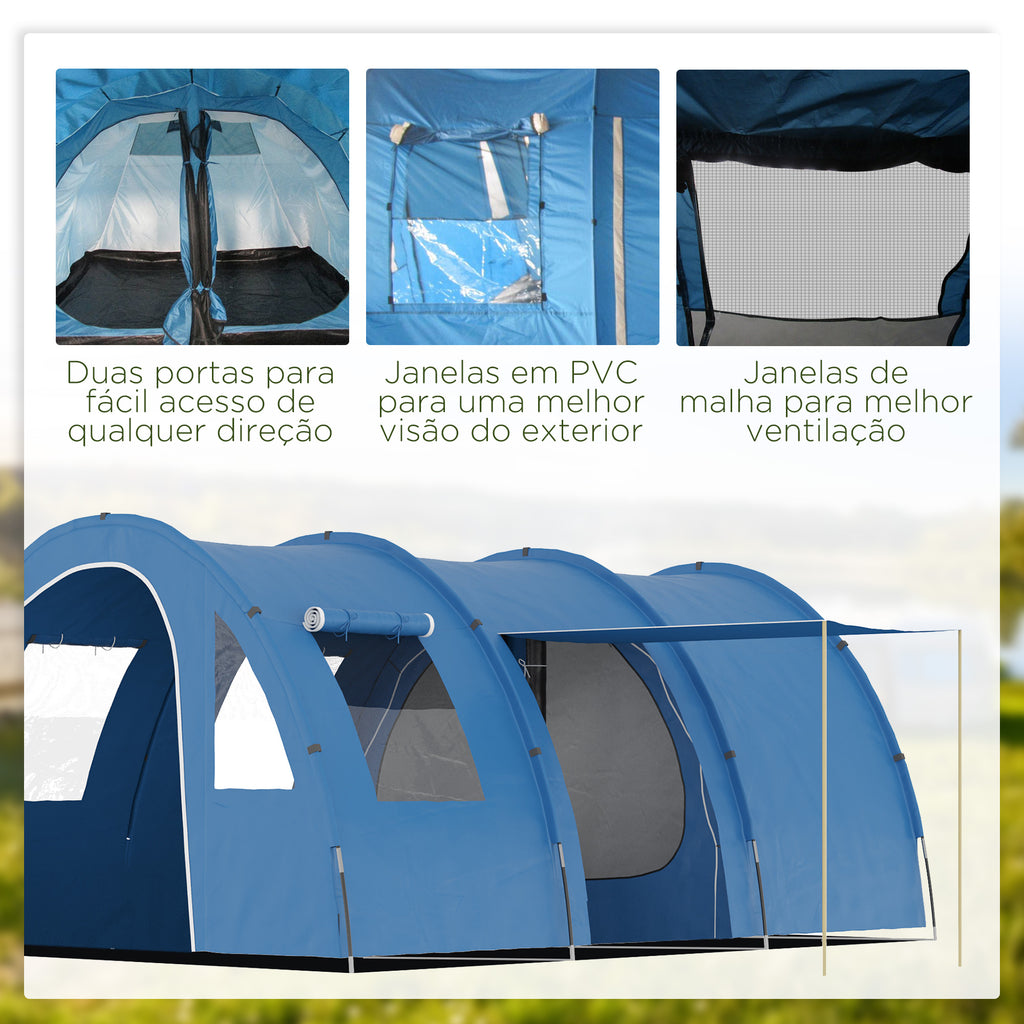 Tenda de Campismo Familiar Tenda De Campismo para 5-6 Pessoas Impermeável PU2000 mm com Portas Janelas e Bolsa de Transporte 475x315x215 cm Azul