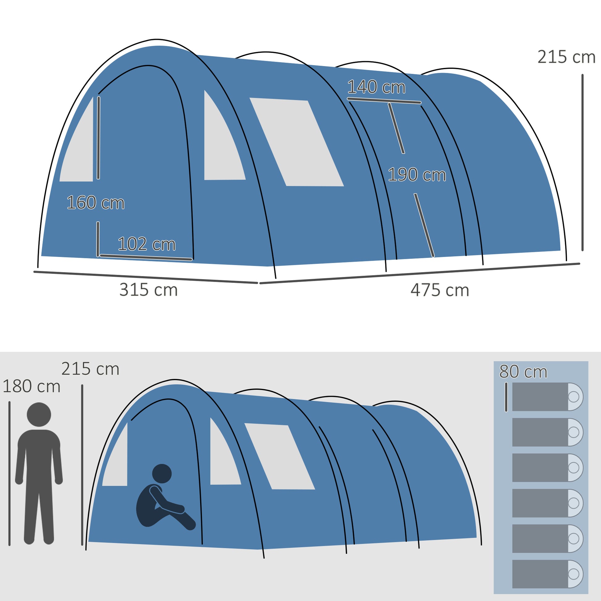 Tenda de Campismo Familiar Tenda De Campismo para 5-6 Pessoas Impermeável PU2000 mm com Portas Janelas e Bolsa de Transporte 475x315x215 cm Azul