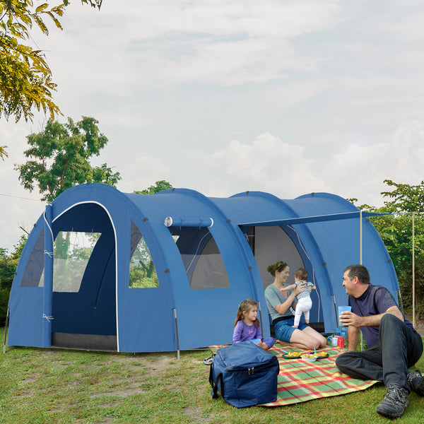 Tenda de Campismo Familiar Tenda De Campismo para 5-6 Pessoas Impermeável PU2000 mm com Portas Janelas e Bolsa de Transporte 475x315x215 cm Azul