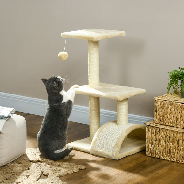 PawHut Arranhador para Gatos Médio Arranhador para Gatos de 3 Níveis Torre para Gatos com Postes de Sisal Placa para Arranhar e Bola Suspensa Creme