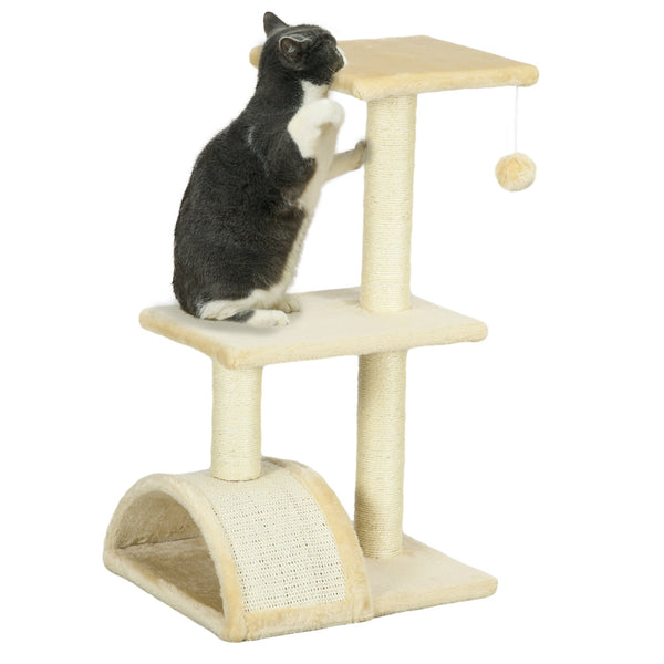 PawHut Arranhador para Gatos Médio Arranhador para Gatos de 3 Níveis Torre para Gatos com Postes de Sisal Placa para Arranhar e Bola Suspensa Creme