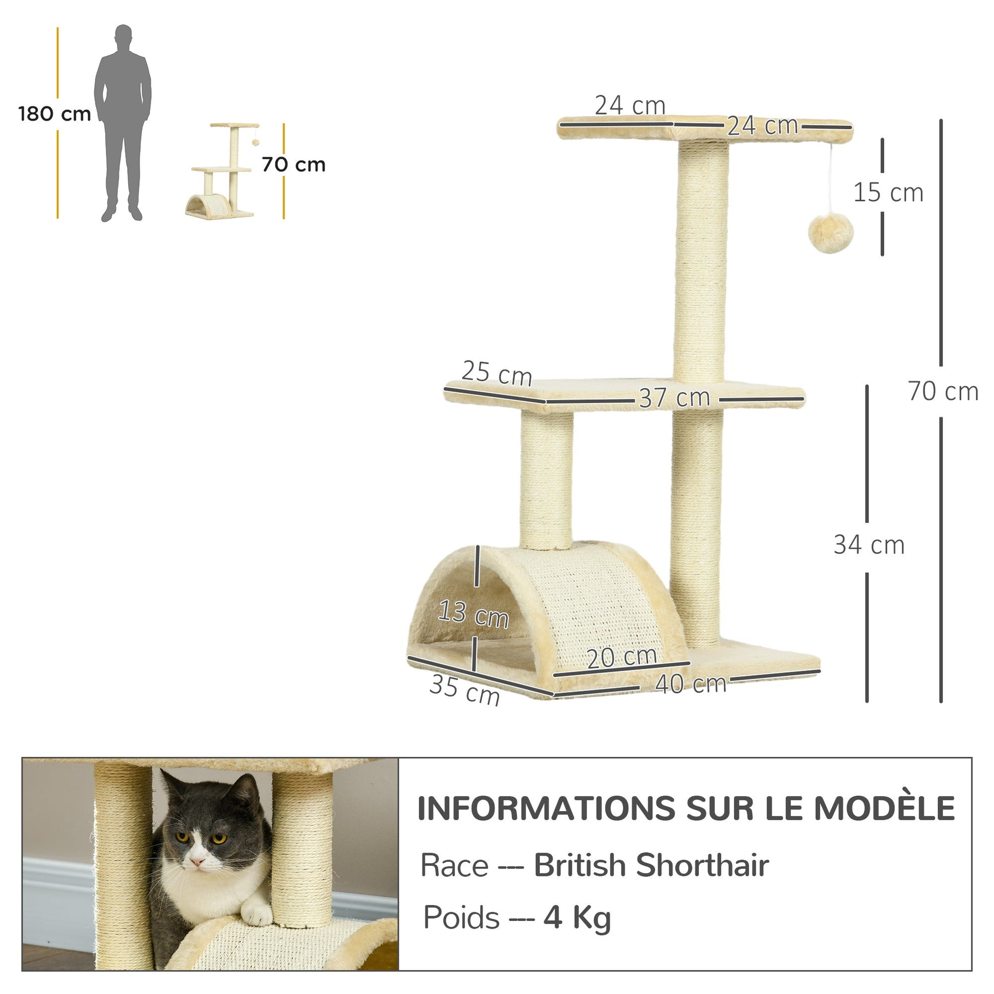 PawHut Arranhador para Gatos Médio Arranhador para Gatos de 3 Níveis Torre para Gatos com Postes de Sisal Placa para Arranhar e Bola Suspensa Creme
