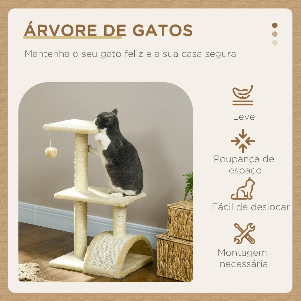 PawHut Arranhador para Gatos Médio Arranhador para Gatos de 3 Níveis Torre para Gatos com Postes de Sisal Placa para Arranhar e Bola Suspensa Creme