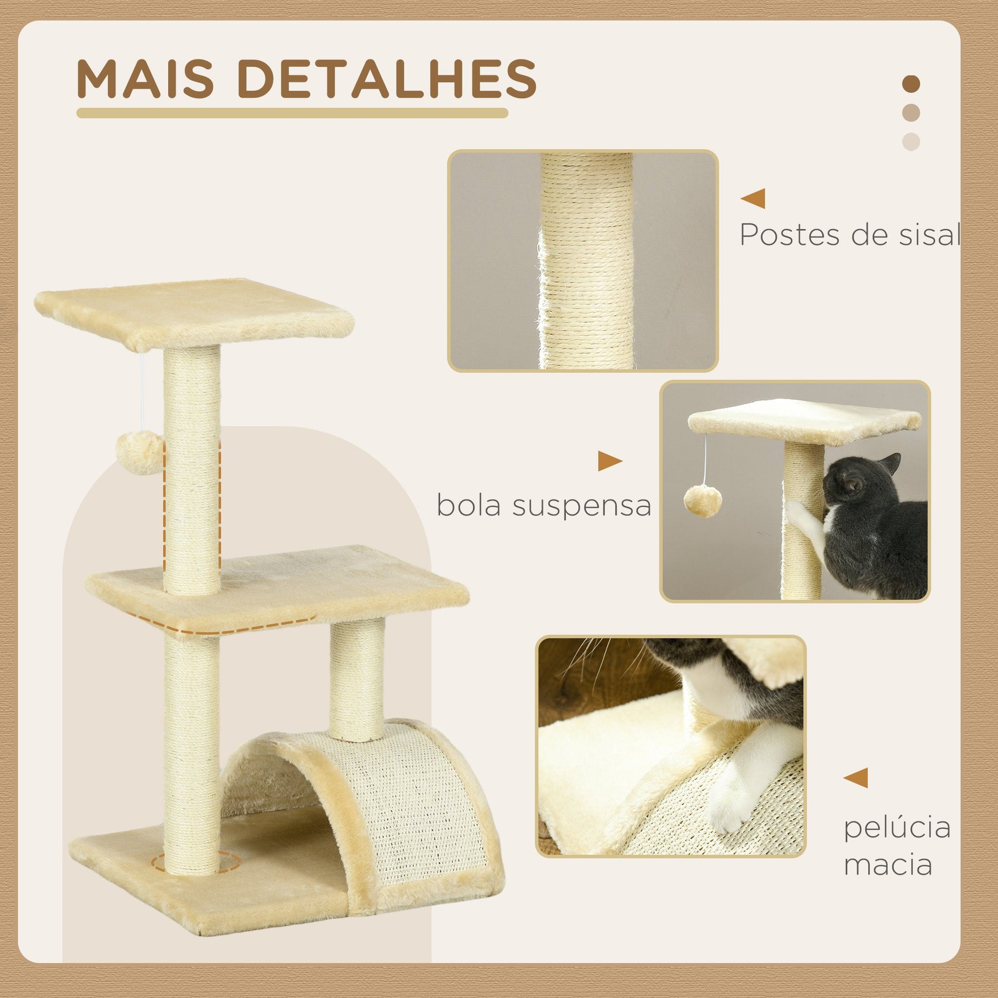 PawHut Arranhador para Gatos Médio Arranhador para Gatos de 3 Níveis Torre para Gatos com Postes de Sisal Placa para Arranhar e Bola Suspensa Creme