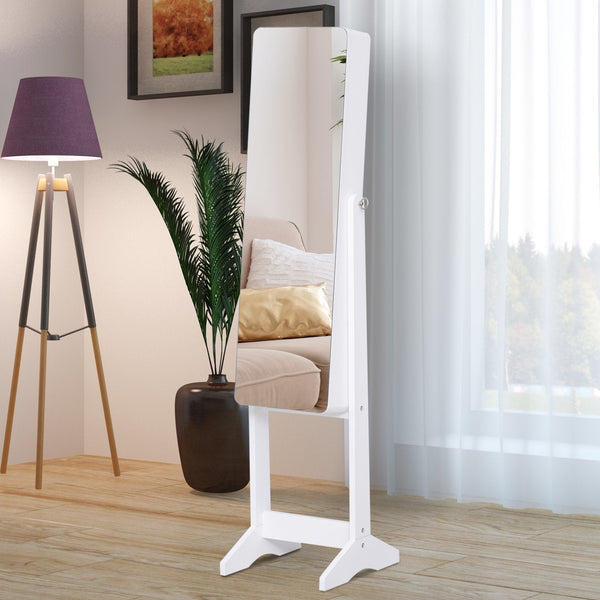 Guarda-Joias de Pé, com Espelho, Armário para Joias Luzes LED de luz Reclinável Guarda-Joias Anéis Brincos Colares Madeira 30x36x146cm Branco
