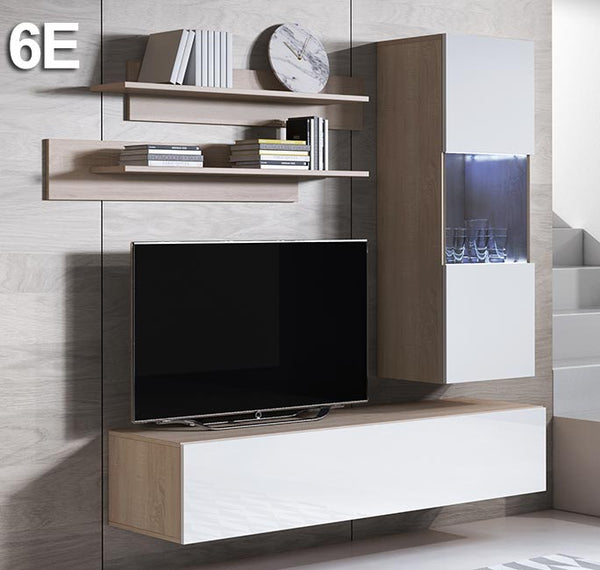 Conjunto de Móveis de Sala Pigeiros – 1,6 m – Modular em Sonoma e Branco com Móvel TV, Vitrine e Estantes – Design Moderno