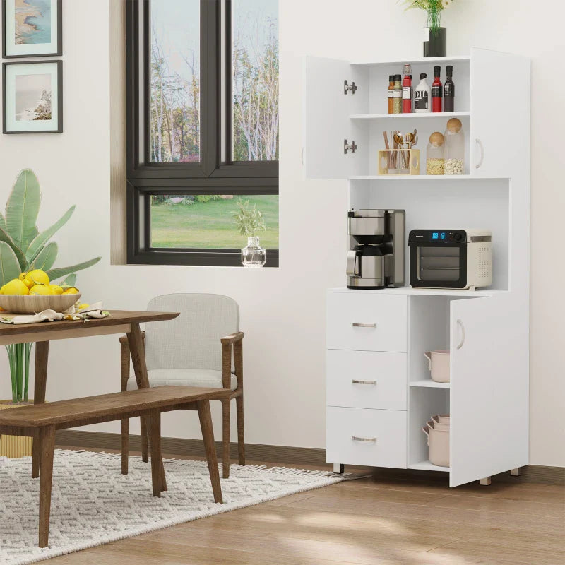 Armário de Armazenamento de Cozinha Armário Alto com 3 Gavetas 3 Portas e Prateleiras Interiores Ajustáveis móvel Auxiliar para Sala de Jantar Sala de Estar 80x39,5x183,5cm Branco
