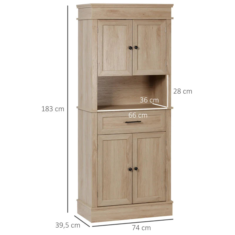 Armário de Cozinha Móvel Auxiliar de Cozinha com 4 Portas 1 Gaveta e Prateleira Aberta para Sala de Estar Sala de Jantar 74x39,5x183cm Carvalho