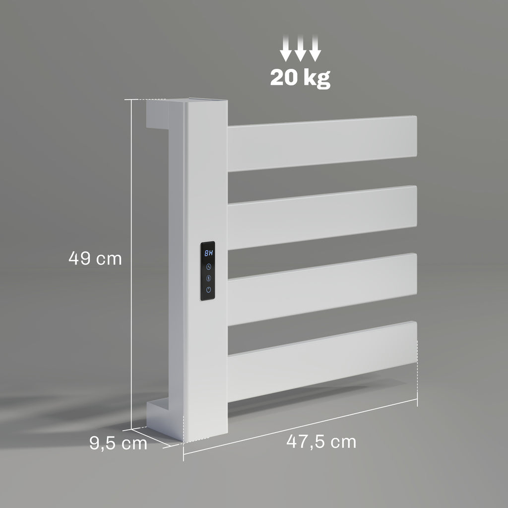 Toalheiro Elétrico de Parede 130W Toalheiro Elétrico em Liga de Alumínio com Control WIFI Ecrã Tátil Temporizador 4 Barras Temperatura Ajustável Baixo Consumo IPX4 47,5x9,5x49 cm Branco