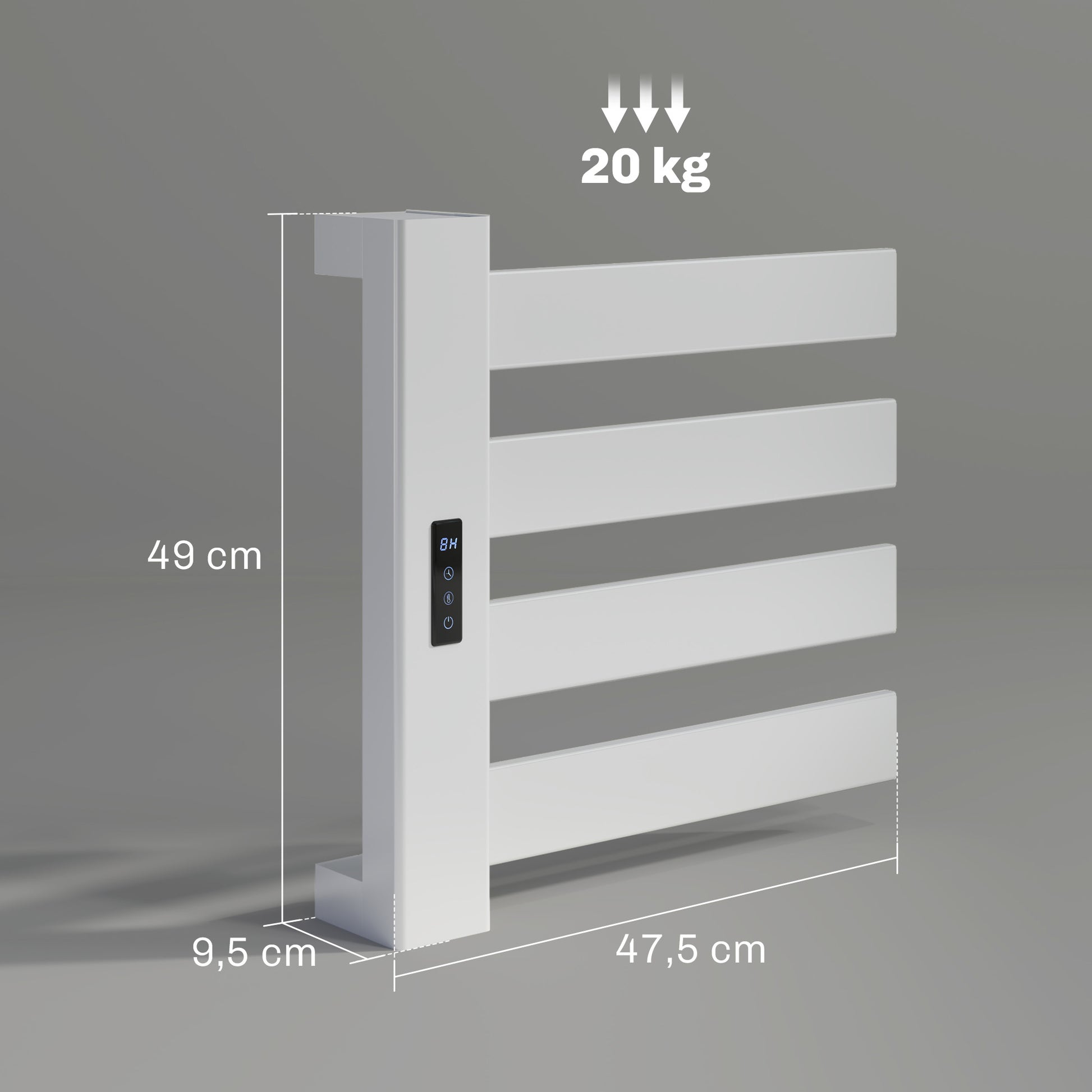 Toalheiro Elétrico de Parede 130W Toalheiro Elétrico em Liga de Alumínio com Control WIFI Ecrã Tátil Temporizador 4 Barras Temperatura Ajustável Baixo Consumo IPX4 47,5x9,5x49 cm Branco