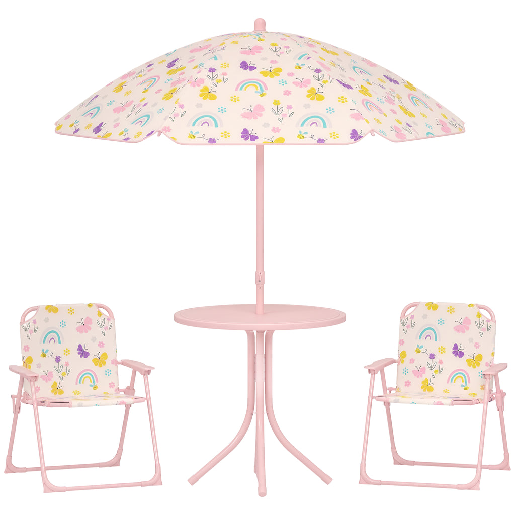 AIYAPLAY Conjunto de Mesa e Cadeiras para Crianças de Jardim Mesa Infantil com Cadeiras Dobráveis Chapéu de Sol Ajustável e Desenho de Borboletas para Pátio Piquenique Verde