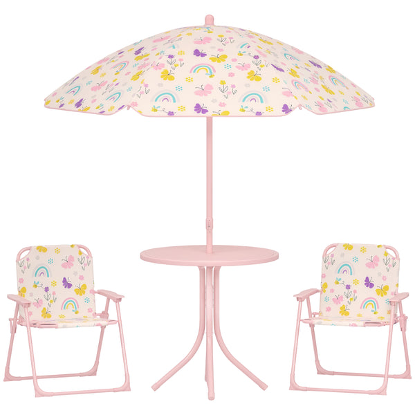 AIYAPLAY Conjunto de Mesa e Cadeiras para Crianças de Jardim Mesa Infantil com Cadeiras Dobráveis Chapéu de Sol Ajustável e Desenho de Borboletas para Pátio Piquenique Verde
