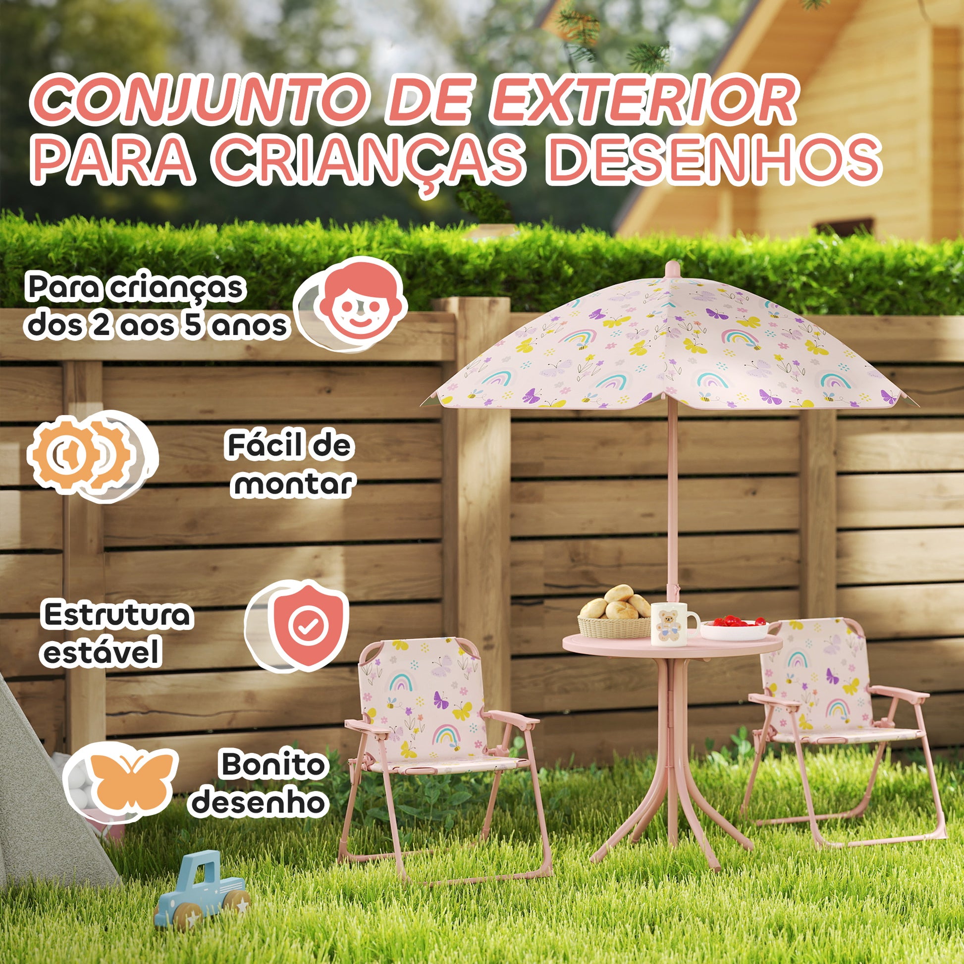 AIYAPLAY Conjunto de Mesa e Cadeiras para Crianças de Jardim Mesa Infantil com Cadeiras Dobráveis Chapéu de Sol Ajustável e Desenho de Borboletas para Pátio Piquenique Verde