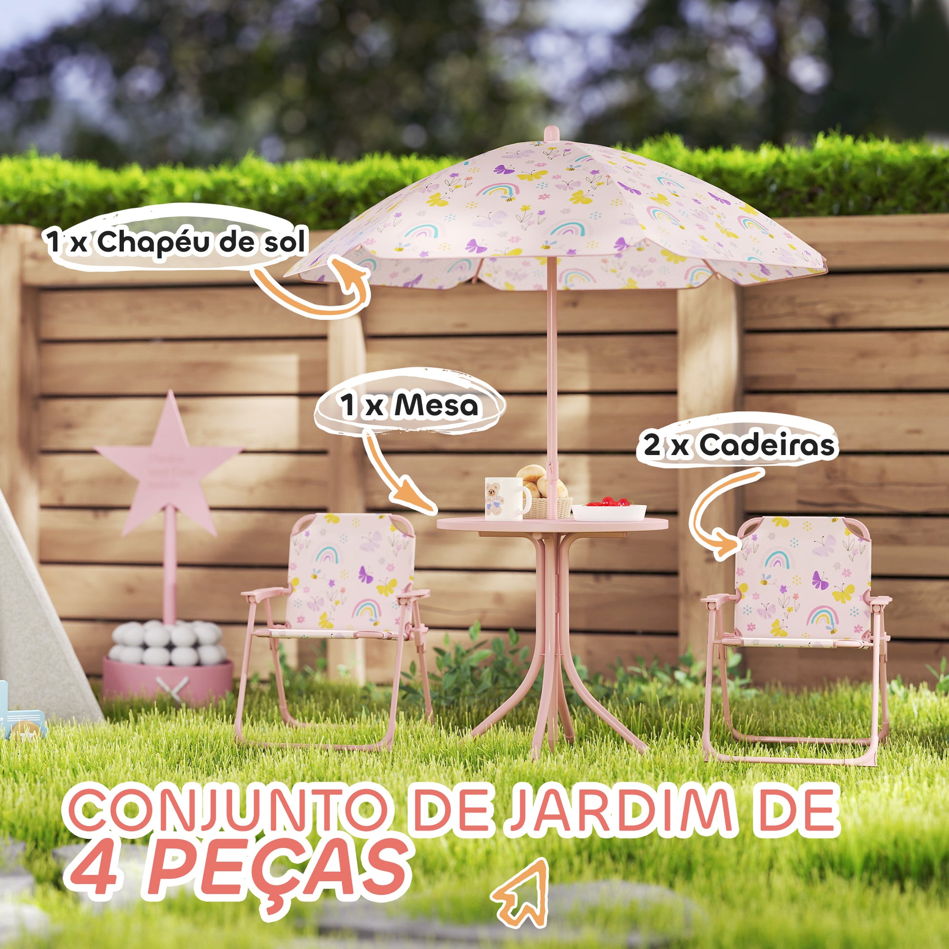AIYAPLAY Conjunto de Mesa e Cadeiras para Crianças de Jardim Mesa Infantil com Cadeiras Dobráveis Chapéu de Sol Ajustável e Desenho de Borboletas para Pátio Piquenique Verde