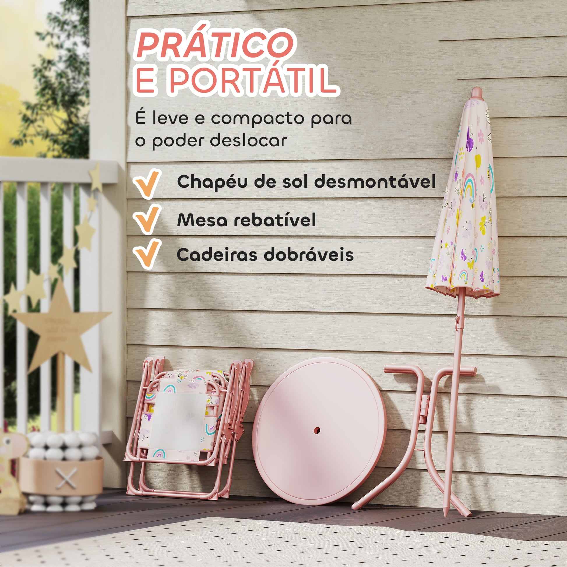 AIYAPLAY Conjunto de Mesa e Cadeiras para Crianças de Jardim Mesa Infantil com Cadeiras Dobráveis Chapéu de Sol Ajustável e Desenho de Borboletas para Pátio Piquenique Verde