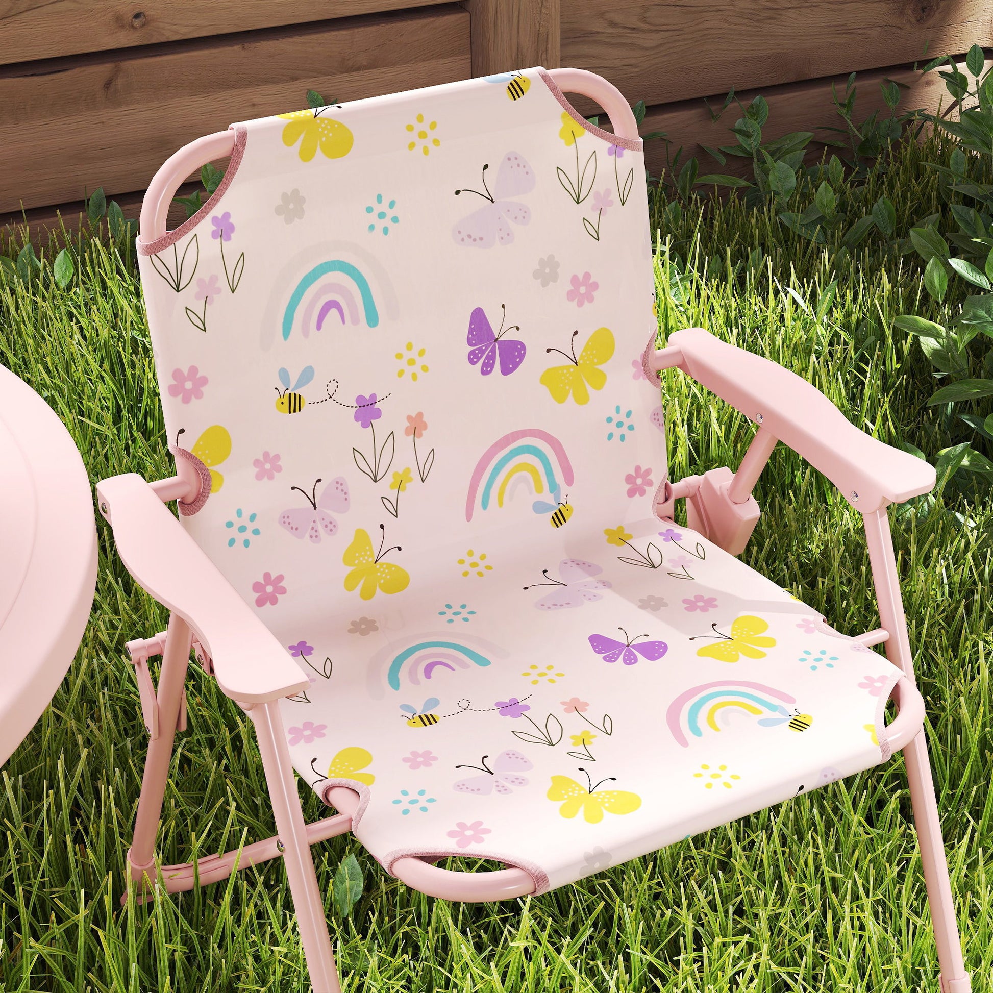 AIYAPLAY Conjunto de Mesa e Cadeiras para Crianças de Jardim Mesa Infantil com Cadeiras Dobráveis Chapéu de Sol Ajustável e Desenho de Borboletas para Pátio Piquenique Verde