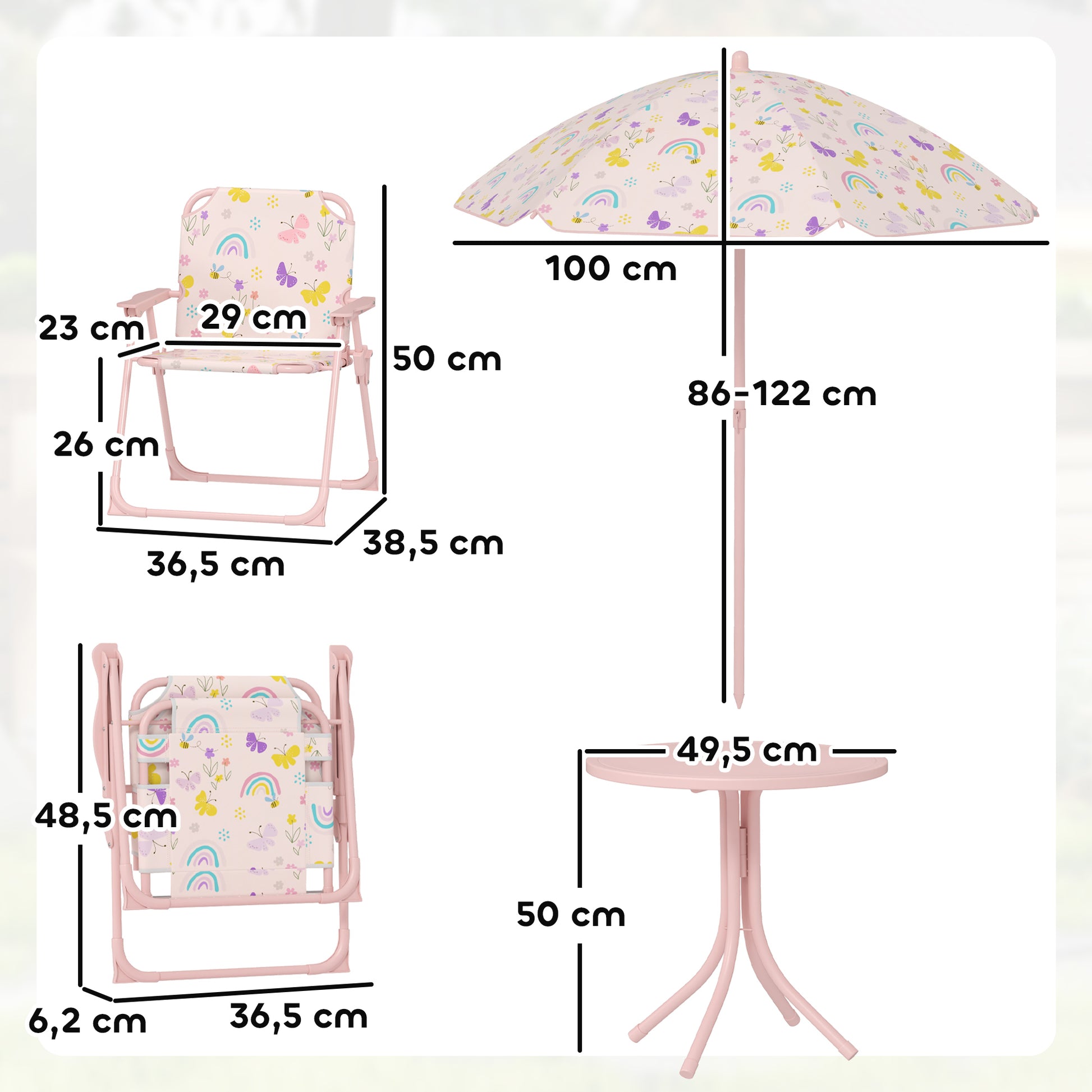 AIYAPLAY Conjunto de Mesa e Cadeiras para Crianças de Jardim Mesa Infantil com Cadeiras Dobráveis Chapéu de Sol Ajustável e Desenho de Borboletas para Pátio Piquenique Verde