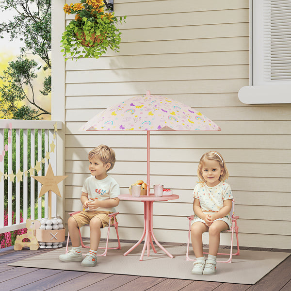 AIYAPLAY Conjunto de Mesa e Cadeiras para Crianças de Jardim Mesa Infantil com Cadeiras Dobráveis Chapéu de Sol Ajustável e Desenho de Borboletas para Pátio Piquenique Verde