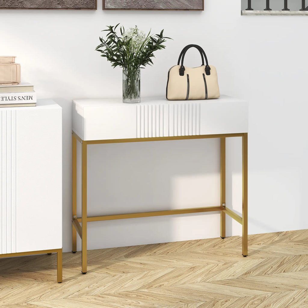 Mesa Consola Moderna Mesa de Entrada com 2 Gavetas e Pés de Aço Anti-tombo para Entrada Sala Corredor 80x31,5x75 cm Branco
