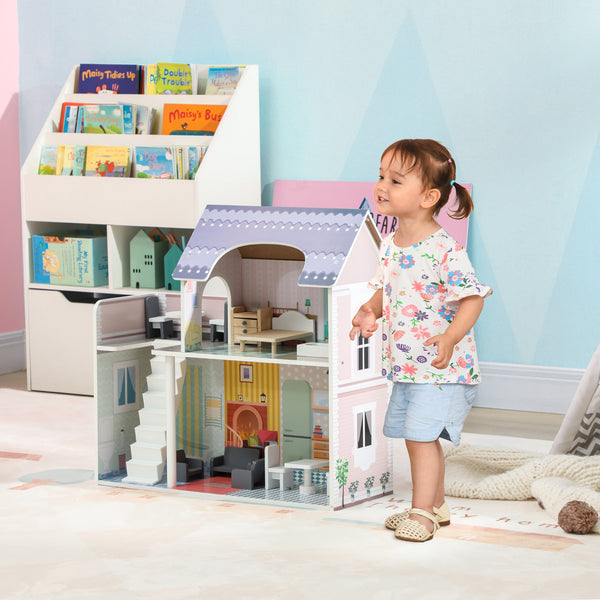 AIYAPLAY Casa de Bonecas com Móveis e Acessórios Casa de Bonecas de Madeira com Varanda e 2 Andares Brinquedo para Meninas e Meninos acima de 3 Anos 60x26,6x60 cm Multicor