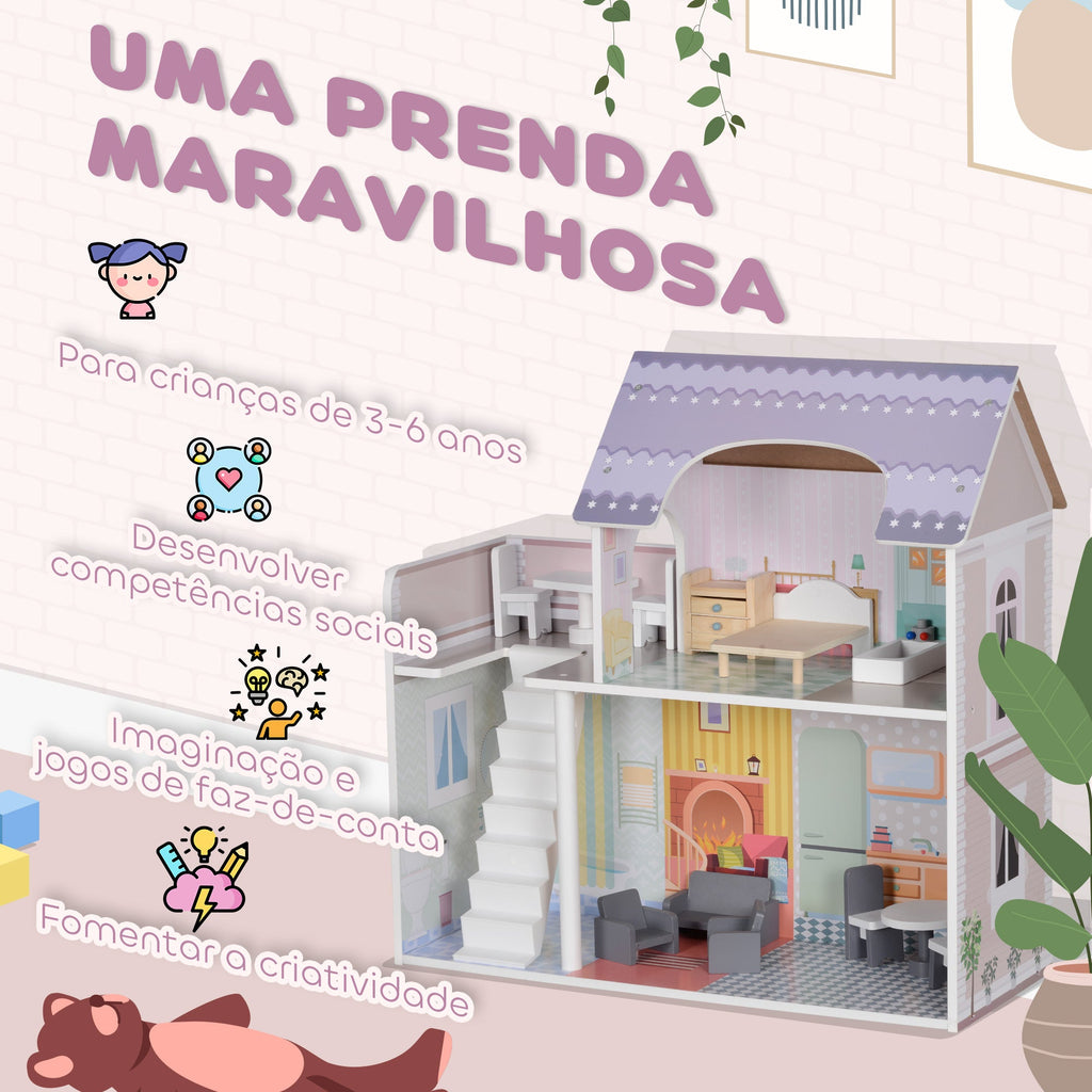 AIYAPLAY Casa de Bonecas com Móveis e Acessórios Casa de Bonecas de Madeira com Varanda e 2 Andares Brinquedo para Meninas e Meninos acima de 3 Anos 60x26,6x60 cm Multicor