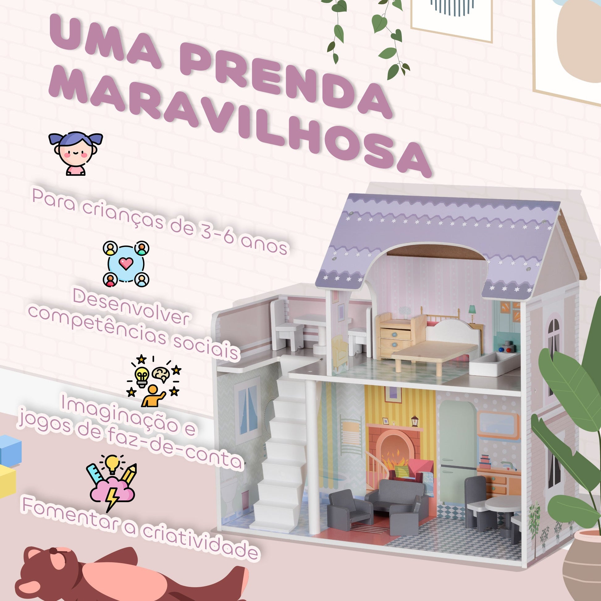 AIYAPLAY Casa de Bonecas com Móveis e Acessórios Casa de Bonecas de Madeira com Varanda e 2 Andares Brinquedo para Meninas e Meninos acima de 3 Anos 60x26,6x60 cm Multicor