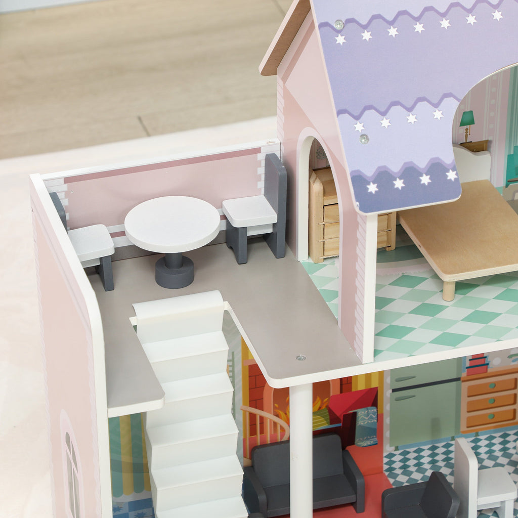 AIYAPLAY Casa de Bonecas com Móveis e Acessórios Casa de Bonecas de Madeira com Varanda e 2 Andares Brinquedo para Meninas e Meninos acima de 3 Anos 60x26,6x60 cm Multicor