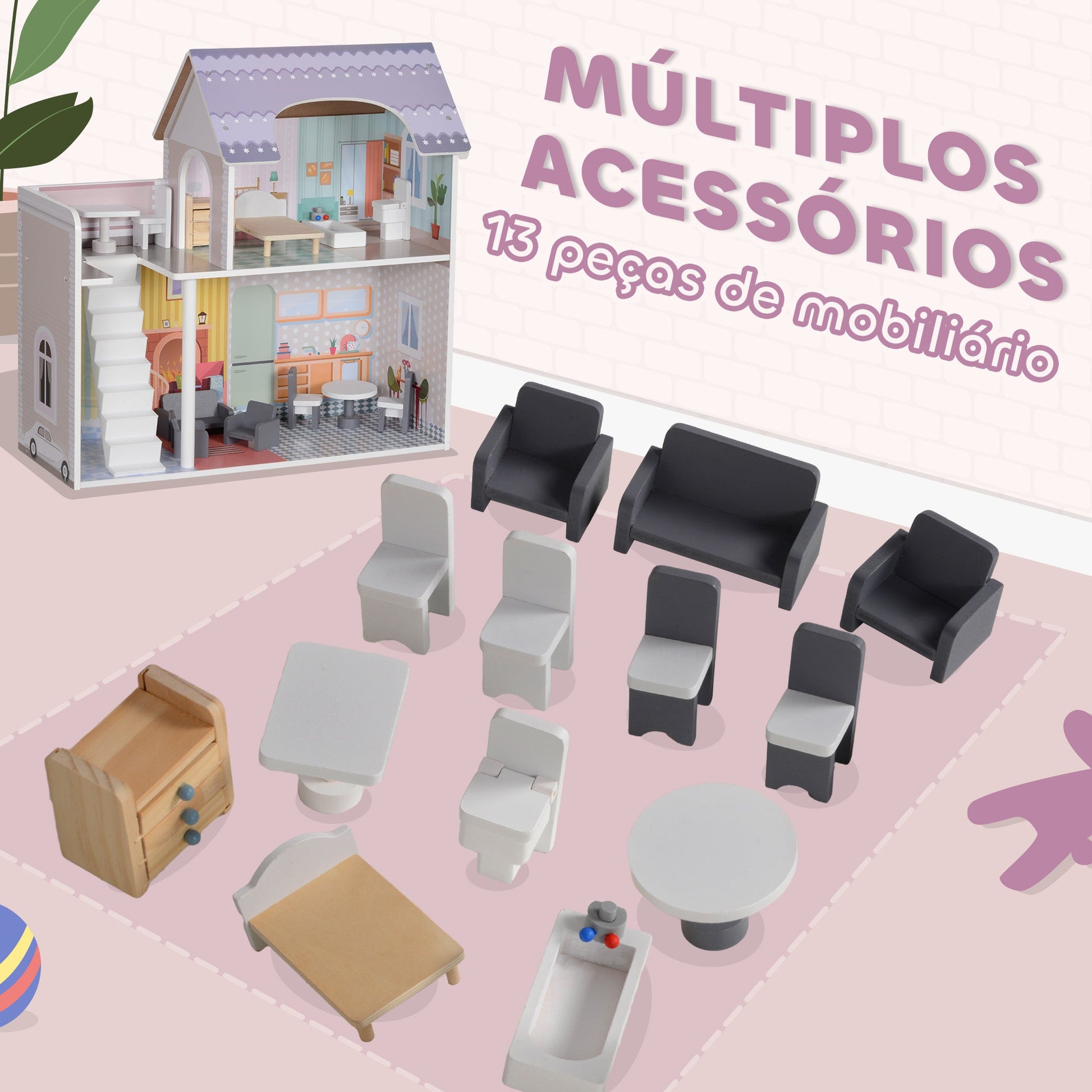 AIYAPLAY Casa de Bonecas com Móveis e Acessórios Casa de Bonecas de Madeira com Varanda e 2 Andares Brinquedo para Meninas e Meninos acima de 3 Anos 60x26,6x60 cm Multicor