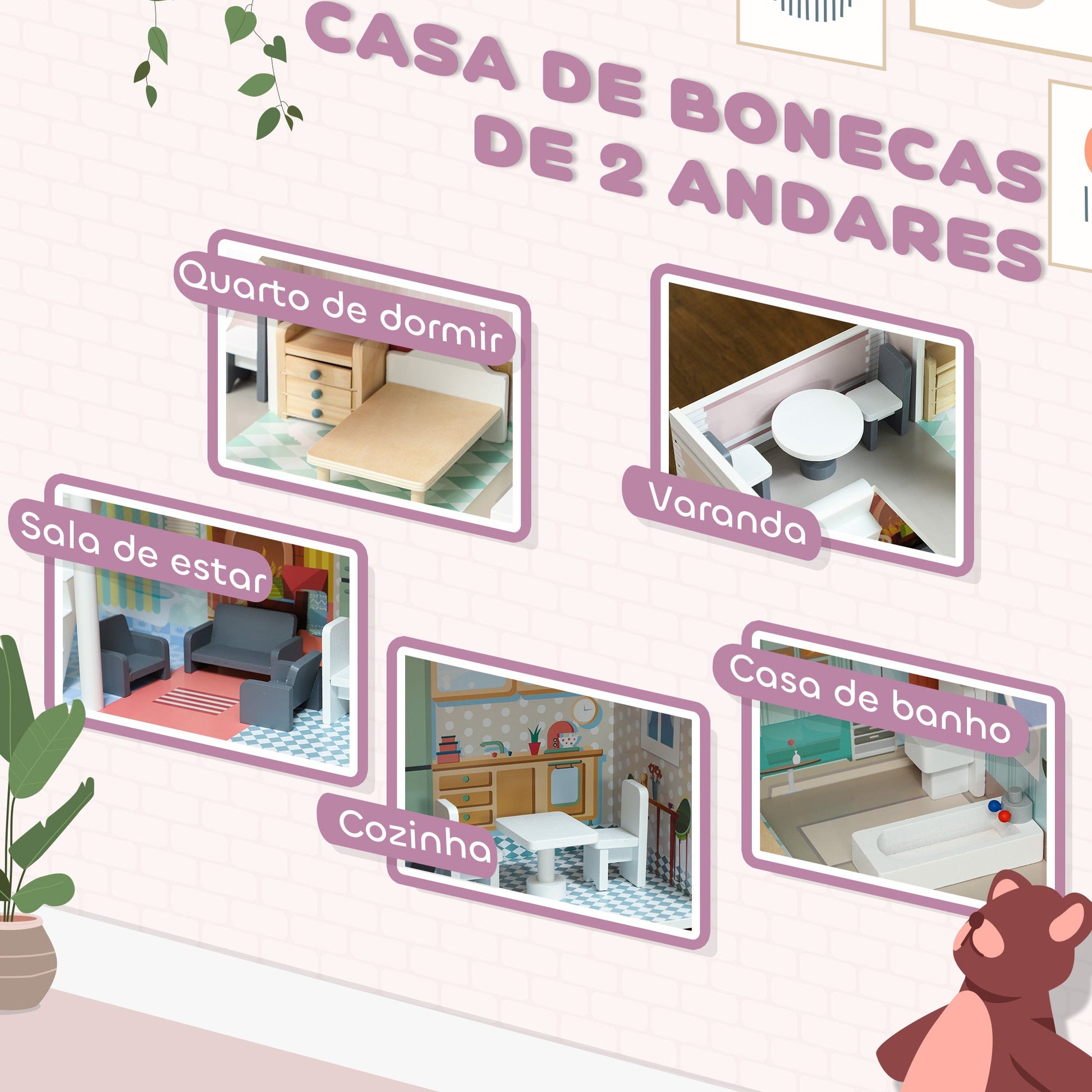 AIYAPLAY Casa de Bonecas com Móveis e Acessórios Casa de Bonecas de Madeira com Varanda e 2 Andares Brinquedo para Meninas e Meninos acima de 3 Anos 60x26,6x60 cm Multicor