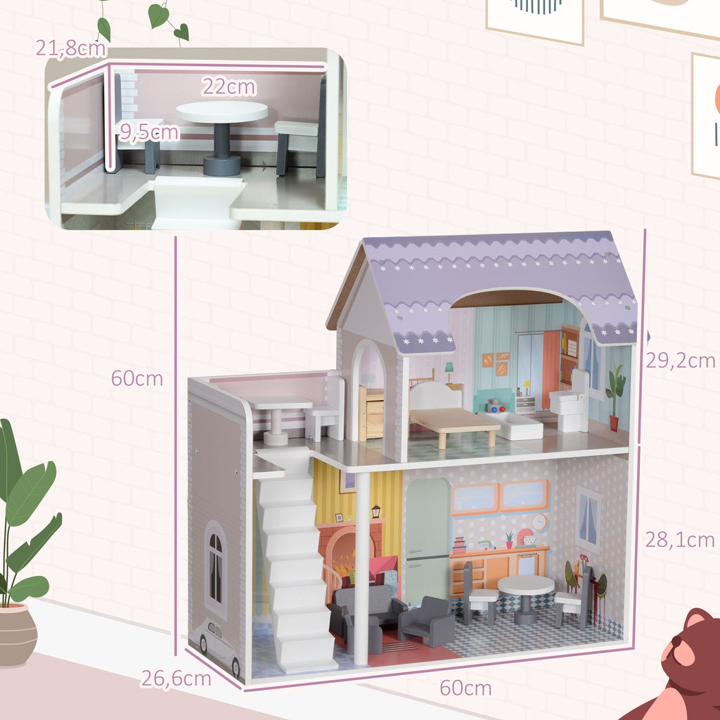 AIYAPLAY Casa de Bonecas com Móveis e Acessórios Casa de Bonecas de Madeira com Varanda e 2 Andares Brinquedo para Meninas e Meninos acima de 3 Anos 60x26,6x60 cm Multicor