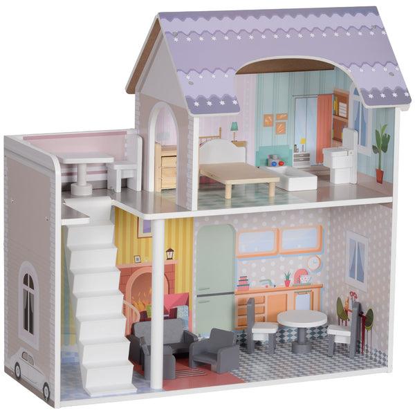 AIYAPLAY Casa de Bonecas com Móveis e Acessórios Casa de Bonecas de Madeira com Varanda e 2 Andares Brinquedo para Meninas e Meninos acima de 3 Anos 60x26,6x60 cm Multicor
