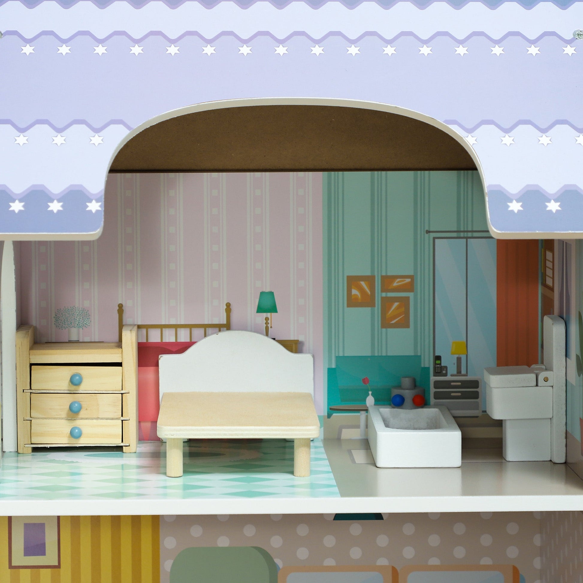 AIYAPLAY Casa de Bonecas com Móveis e Acessórios Casa de Bonecas de Madeira com Varanda e 2 Andares Brinquedo para Meninas e Meninos acima de 3 Anos 60x26,6x60 cm Multicor