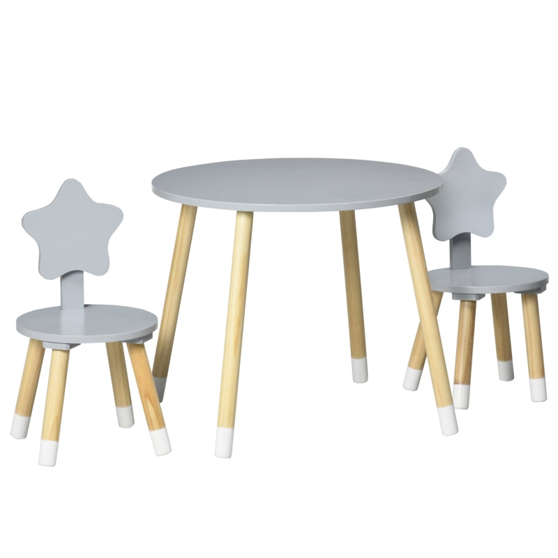 Conjunto de Mesa e 2 Cadeiras de Madeira para Crianças com Mesa Redonda Ø59x50cm e Cadeiras Ø28x51 Mobiliário Infantil para Sala de Jogos Quarto Cinza e Madeira