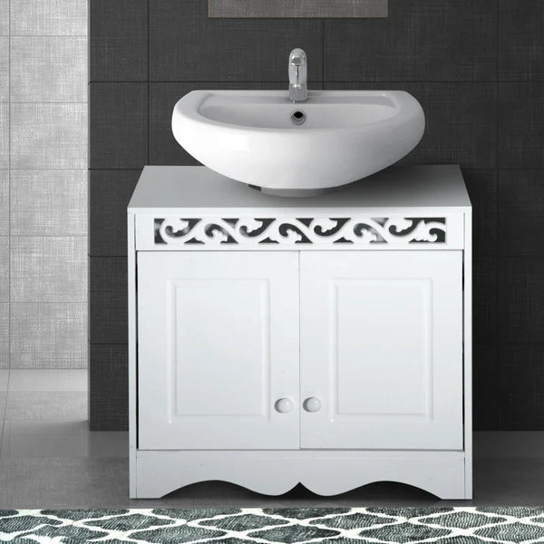 Armário de Banheiro tipo Base para Lavatório com 2 Portas e Prateleiras Design Moderno de Madeira Branco 60x30x56cm