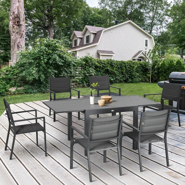 Conjunto de Móveis de Jardim 7 Peças Conjunto de Refeição de Exterior com Mesa Extensível e 6 Cadeiras Empilháveis com Estrutura de Alumínio e Assento de Textilene 90-180x89x74cm Cinza