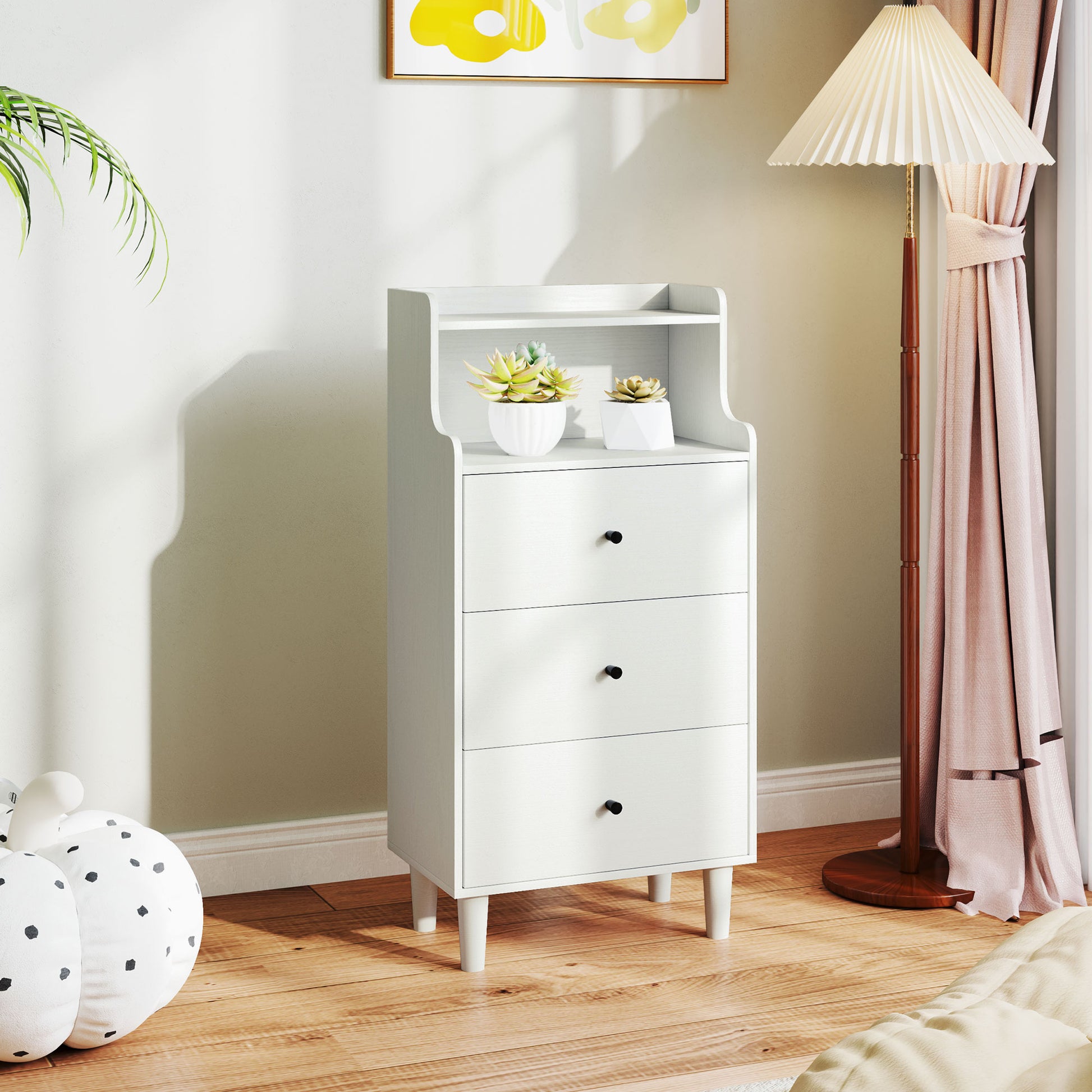 Cómoda com 3 Gavetas Cómoda de Quarto Estreita com Prateleiras Abertas Anti-Tombo Gaveteiro Alto para Sala de Estar Corredor 47x29x95 cm Branco Acinzentado