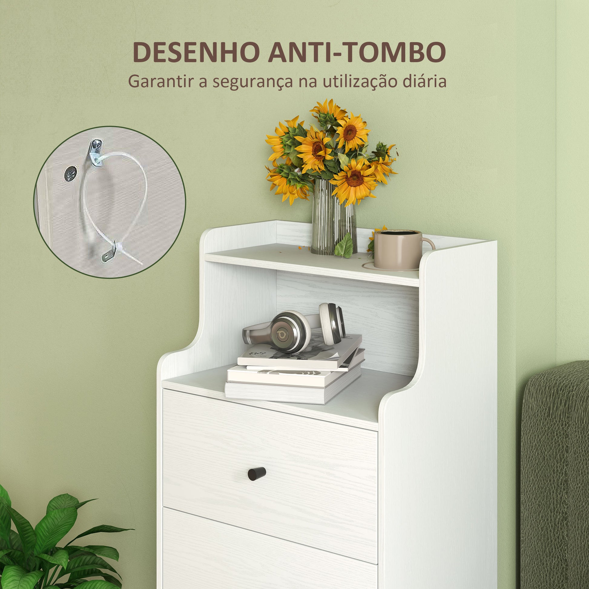 Cómoda com 3 Gavetas Cómoda de Quarto Estreita com Prateleiras Abertas Anti-Tombo Gaveteiro Alto para Sala de Estar Corredor 47x29x95 cm Branco Acinzentado