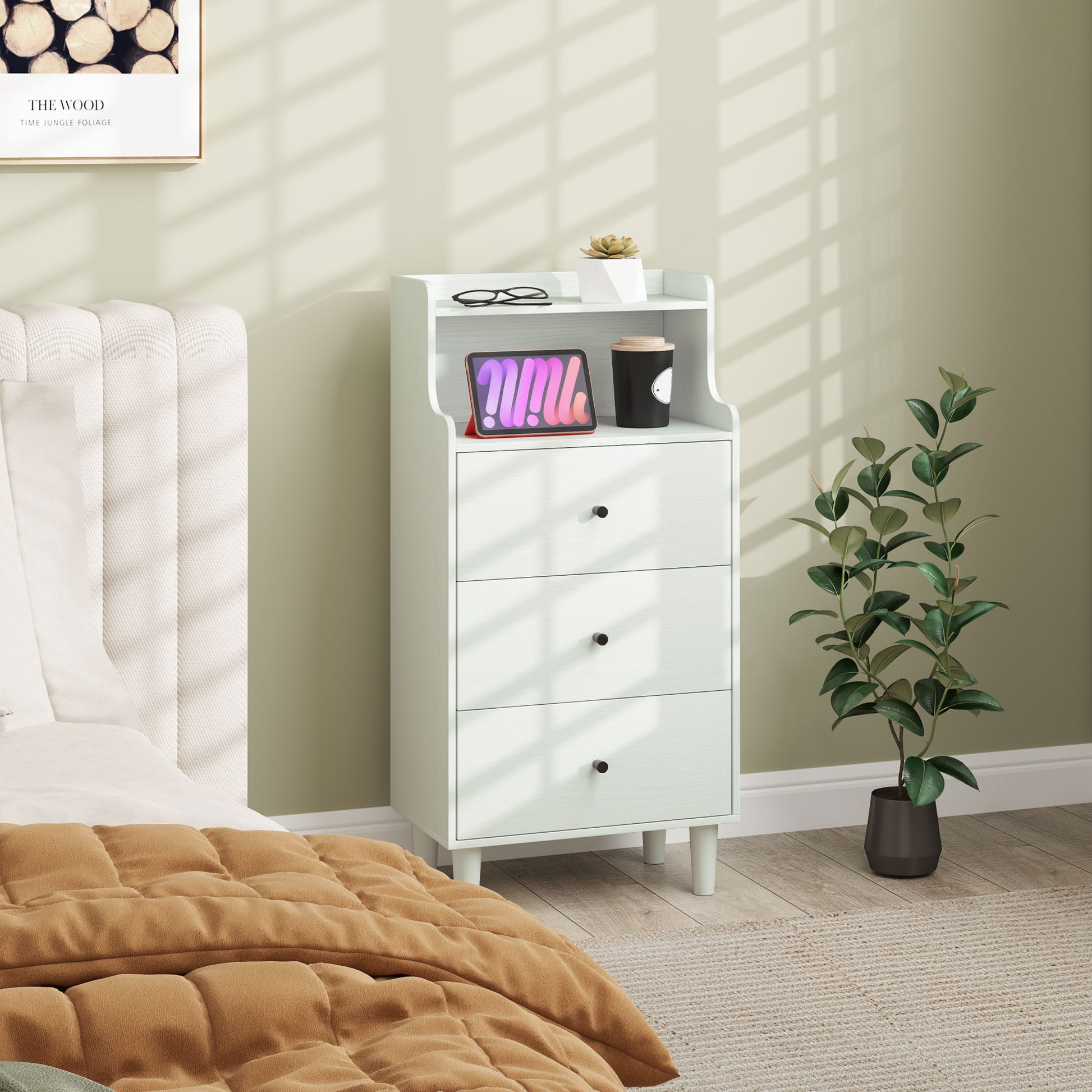 Cómoda com 3 Gavetas Cómoda de Quarto Estreita com Prateleiras Abertas Anti-Tombo Gaveteiro Alto para Sala de Estar Corredor 47x29x95 cm Branco Acinzentado