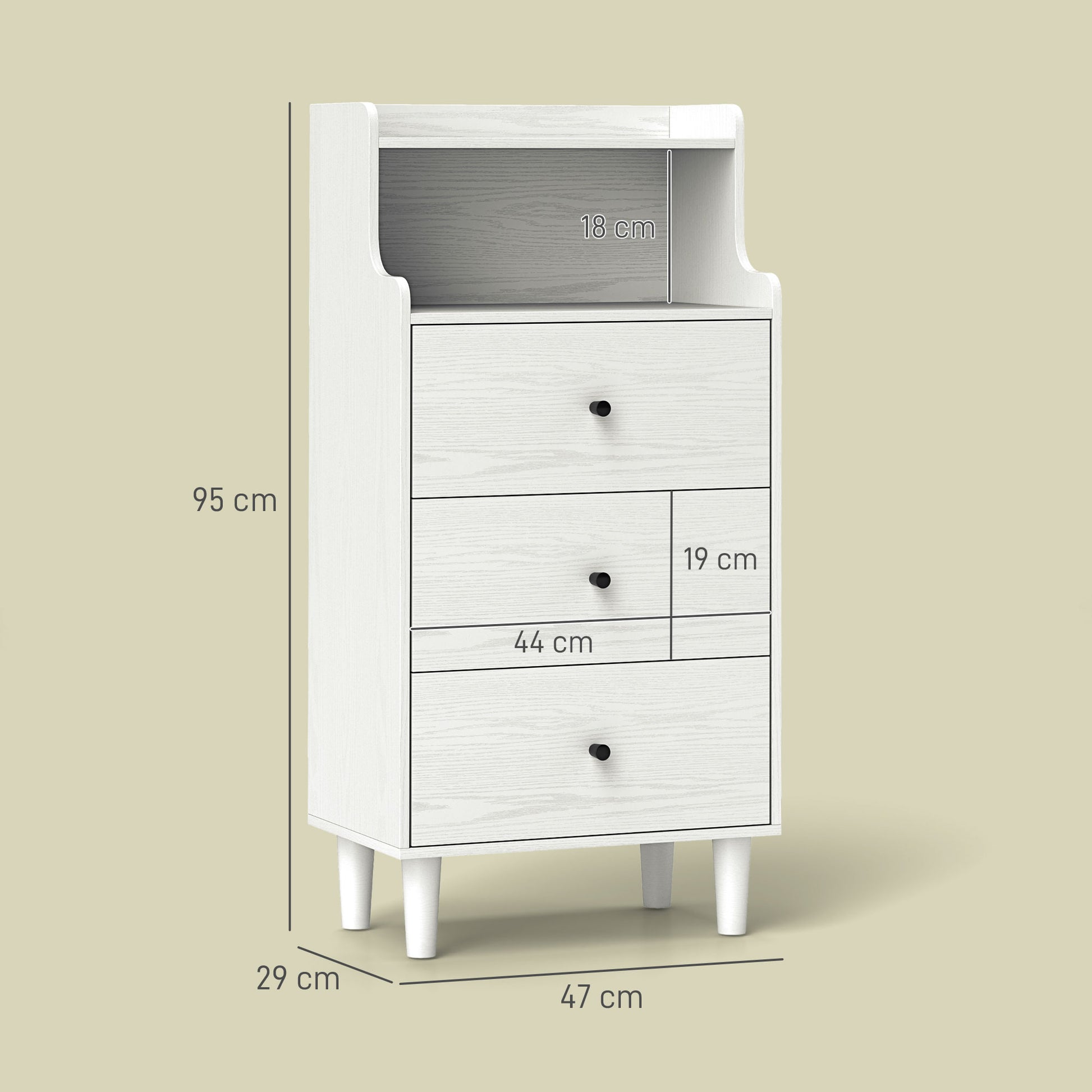 Cómoda com 3 Gavetas Cómoda de Quarto Estreita com Prateleiras Abertas Anti-Tombo Gaveteiro Alto para Sala de Estar Corredor 47x29x95 cm Branco Acinzentado