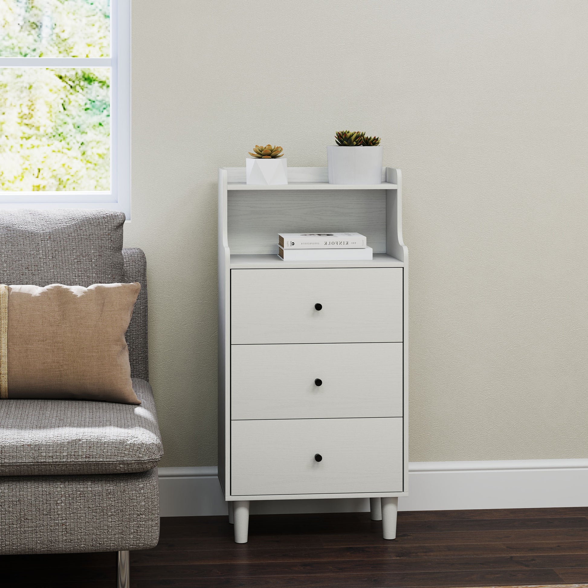 Cómoda com 3 Gavetas Cómoda de Quarto Estreita com Prateleiras Abertas Anti-Tombo Gaveteiro Alto para Sala de Estar Corredor 47x29x95 cm Branco Acinzentado