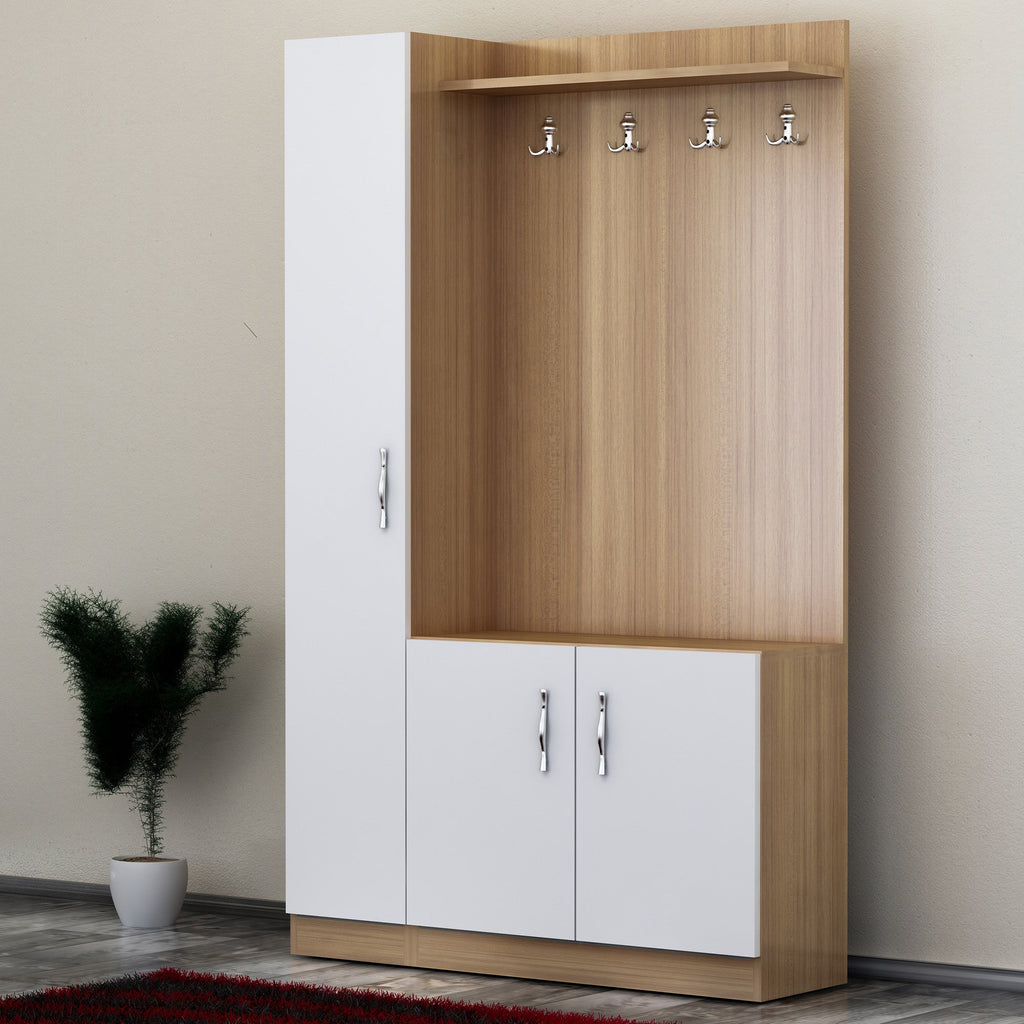 Conjunto de Entrada Naturel - Sapateira, Cabide e Banco – 110x31,8x180 cm – Branco e Teca – Design Moderno
