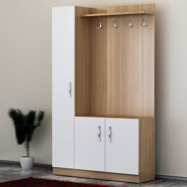 Conjunto de Entrada Naturel - Sapateira, Cabide e Banco – 110x31,8x180 cm – Branco e Teca – Design Moderno