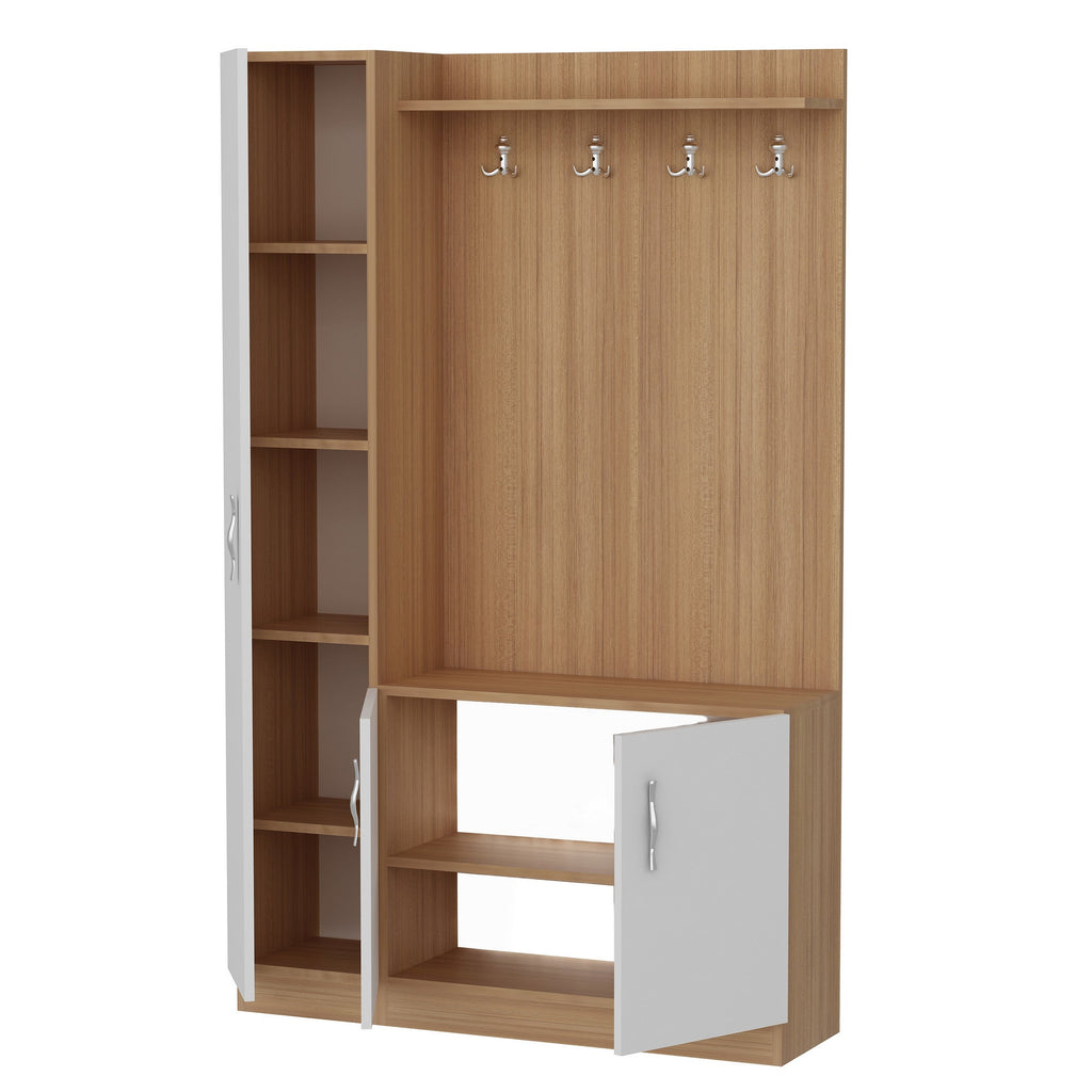 Conjunto de Entrada Naturel - Sapateira, Cabide e Banco – 110x31,8x180 cm – Branco e Teca – Design Moderno