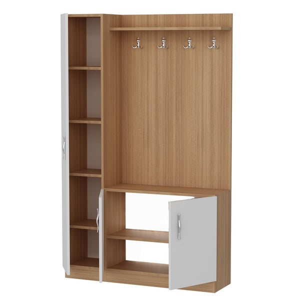 Conjunto de Entrada Naturel - Sapateira, Cabide e Banco – 110x31,8x180 cm – Branco e Teca – Design Moderno